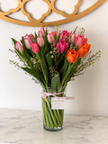 Tulip Sunset - pink, fuchsia and orange tulip arrangement in glass vase